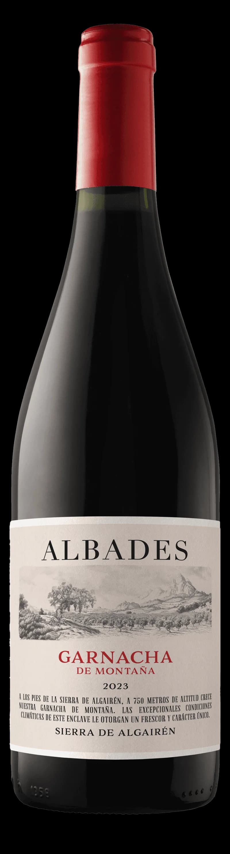 Flaska med Albades rött vin mot en mörk bakgrund.