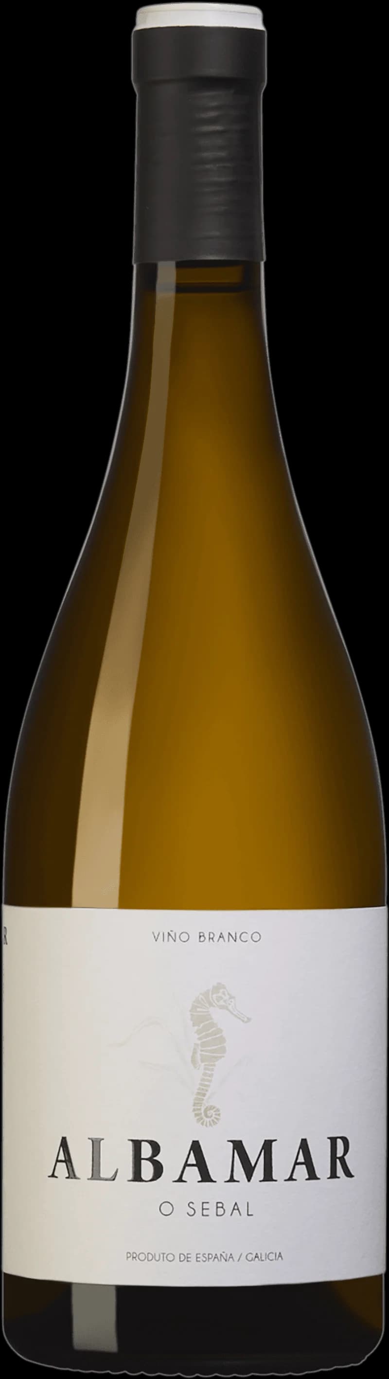 Flaska av Albamar vitt vin på vit bakgrund