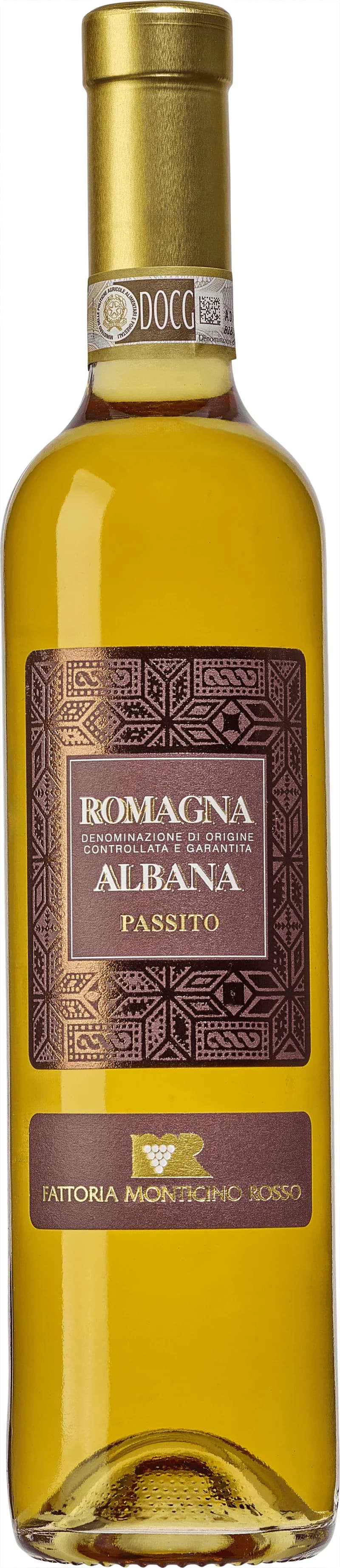 Flaska och glas med Albana di Romagna vitt vin från Italien