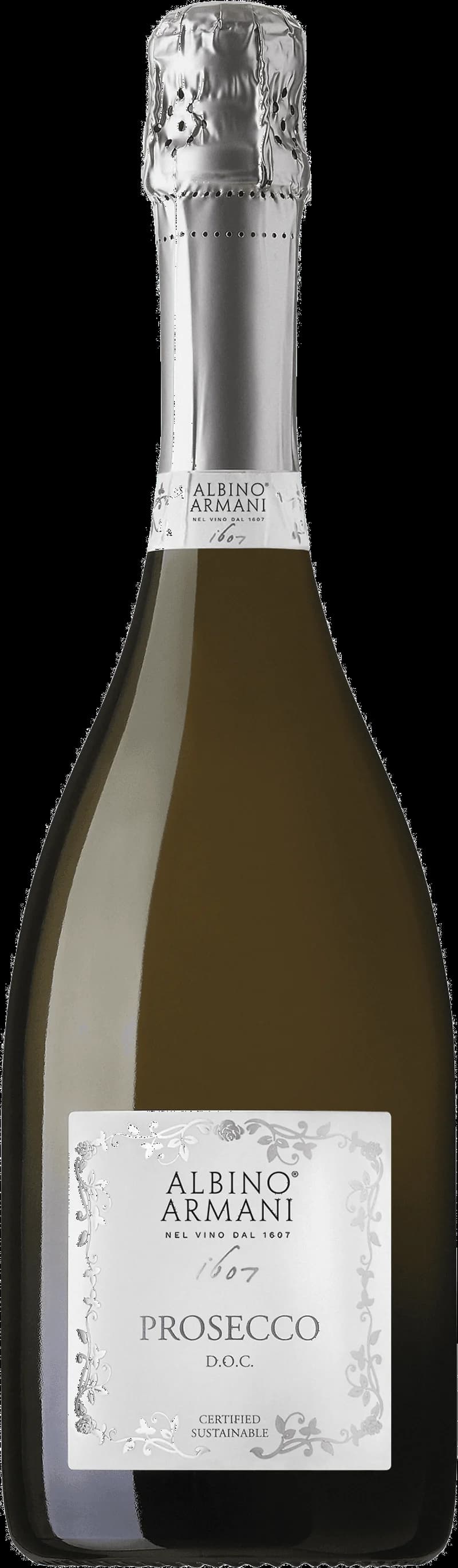 Flaska med Albino Armani mousserande vin mot neutral bakgrund.