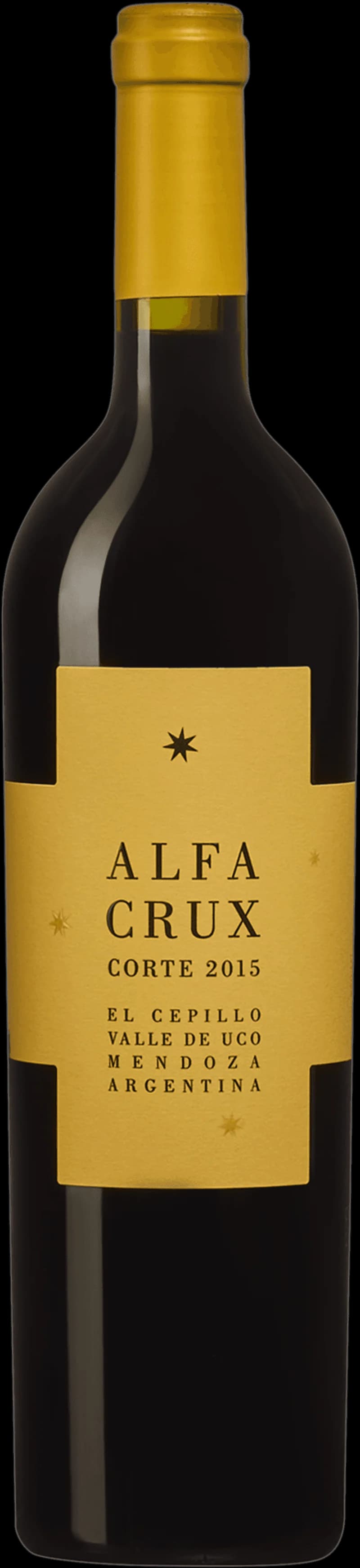 Flaska av rött vin Alfa Crux med etikett mot mörk bakgrund.