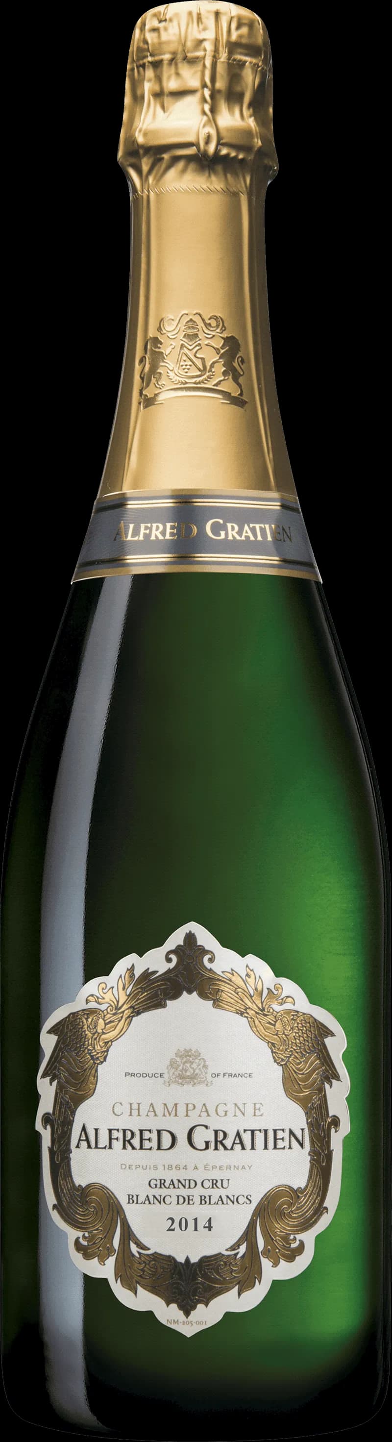 Flaska med Alfred Gratien mousserande vin mot neutral bakgrund.