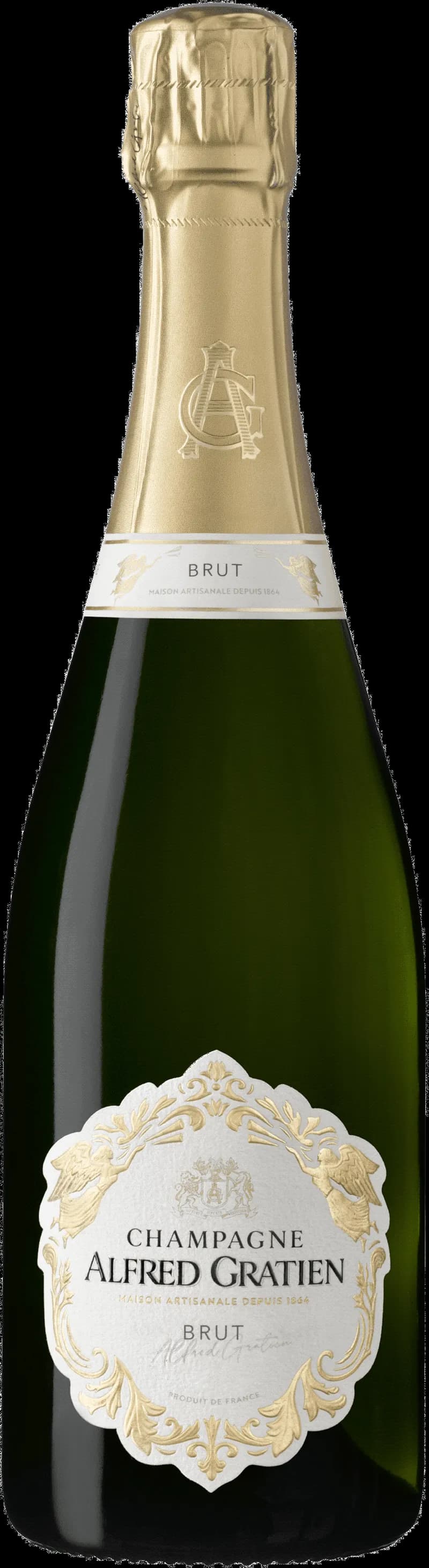 Flaska av Alfred Gratien mousserande vin mot en neutral bakgrund.
