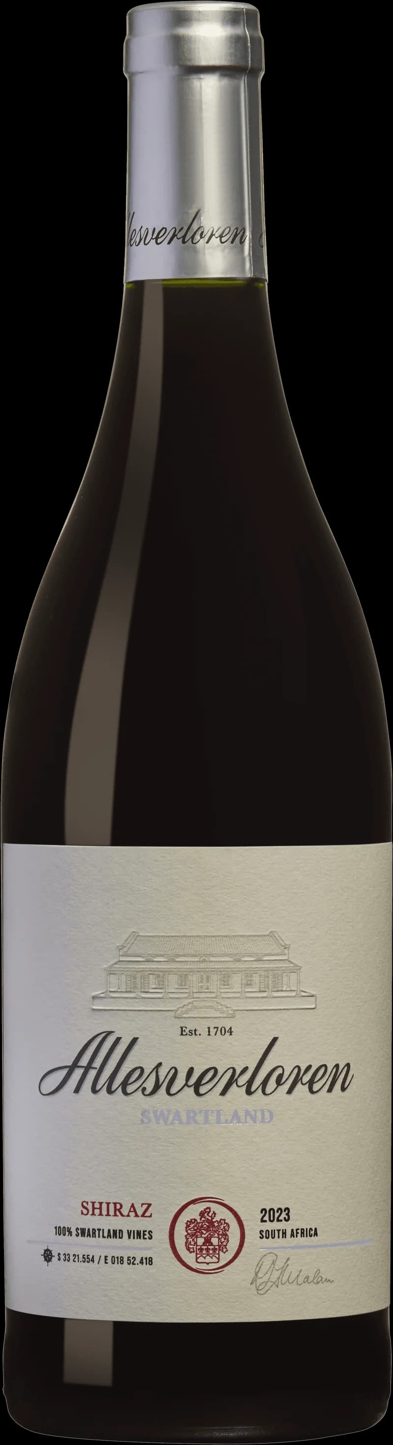 Flaska och glas med rött vin från Allesverloren vingård.