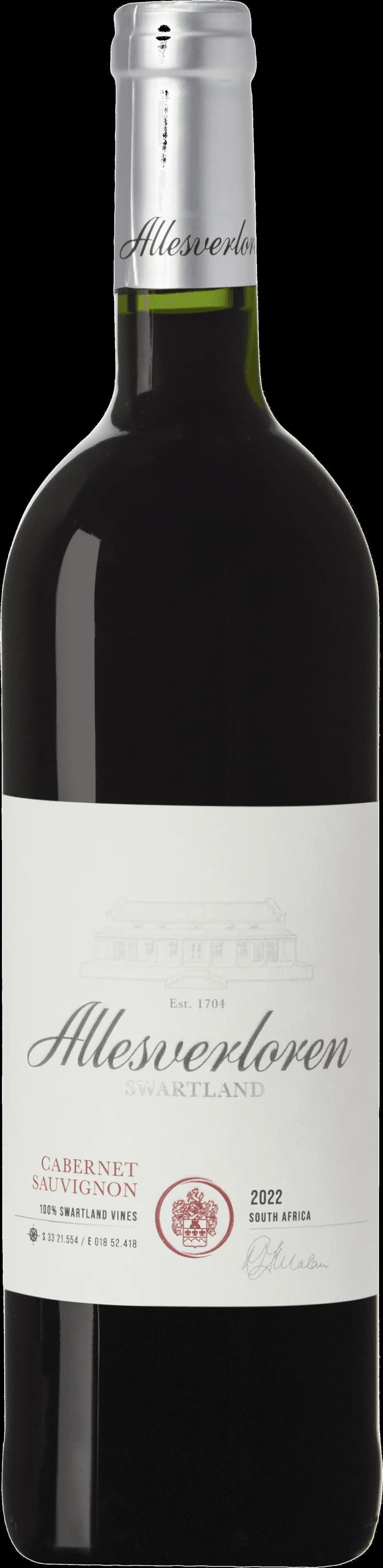 Flaska av Allesverloren rött vin mot en mörk bakgrund.