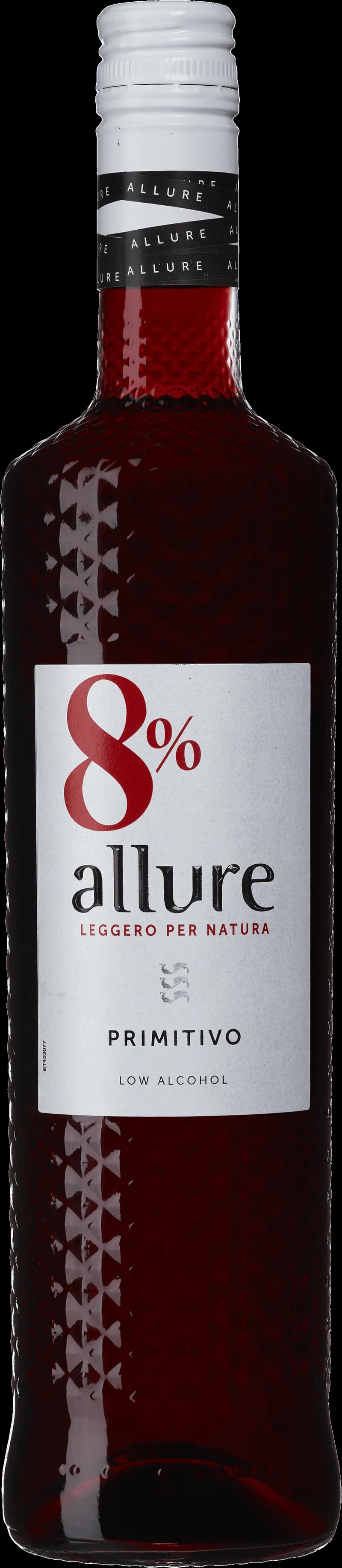 Flaska av rött vin från Allure på en elegant dukning.