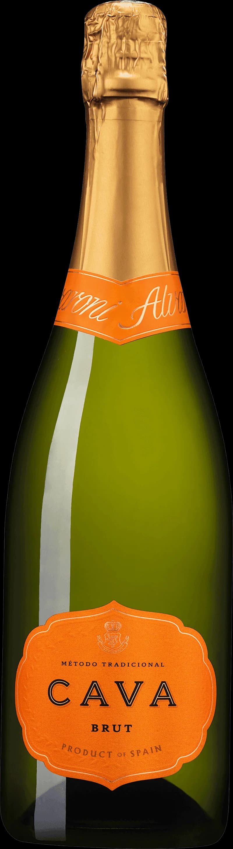 Flaska Alvaroni Cava mousserande vin med etikett.