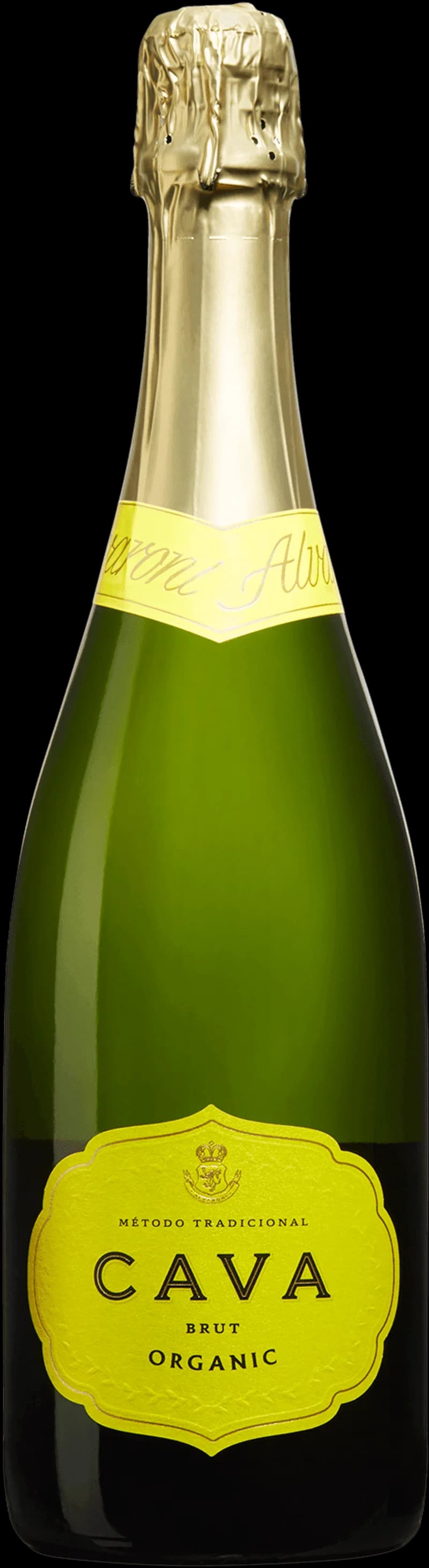 Flaska med Alvaroni Cava mousserande vin mot ljus bakgrund.