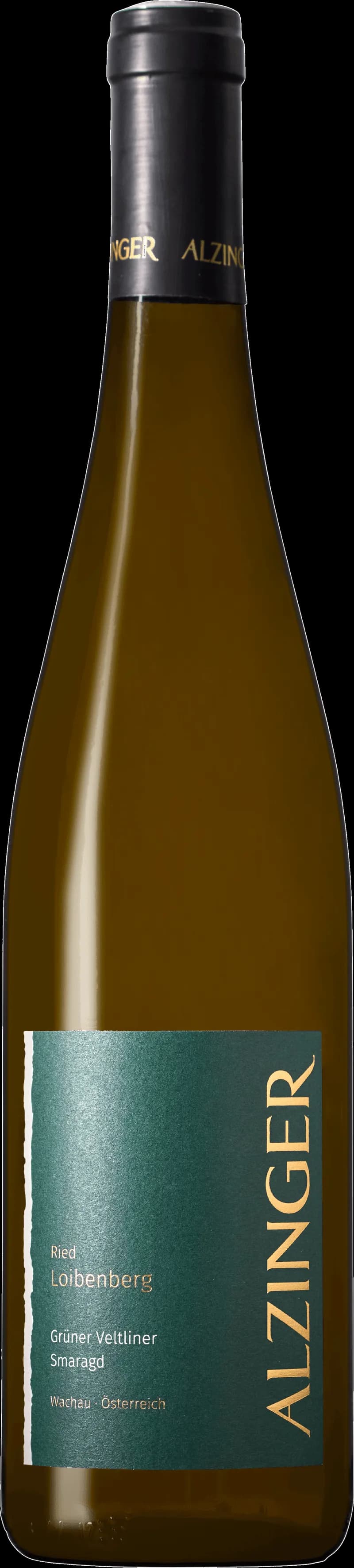 Flaska av Alzinger Ried Loibenberg vitt vin på vit bakgrund