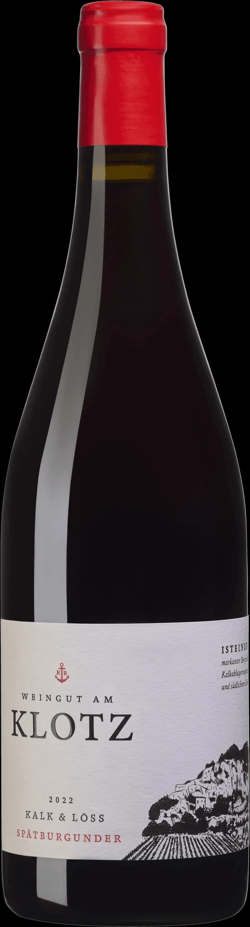 Flaska av rött vin från AM Klotz, märkt Kalk Loss, på en bordsservering.