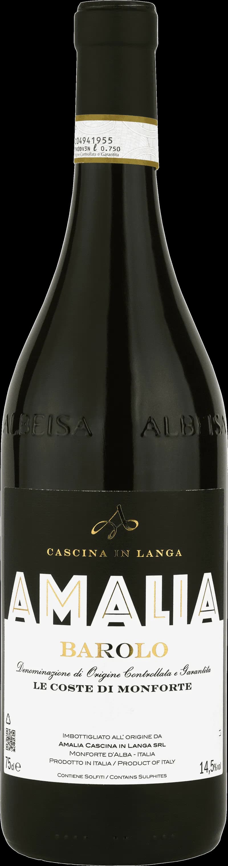 Flaska Amalia Barolo Le Coste di Monforte rött vin mot neutral bakgrund.