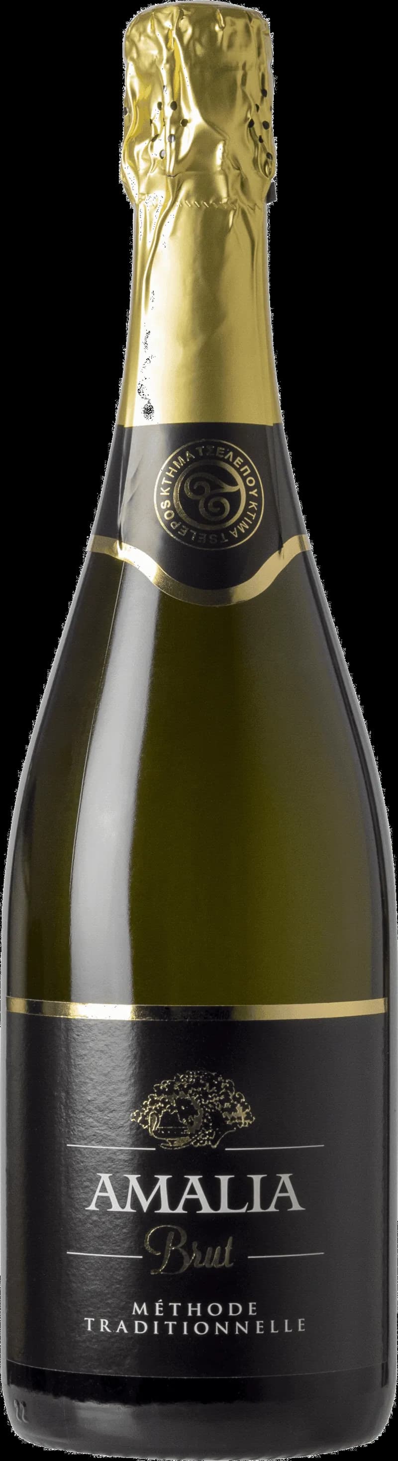 Flaska av Amalia Brut mousserande vin mot ljus bakgrund.
