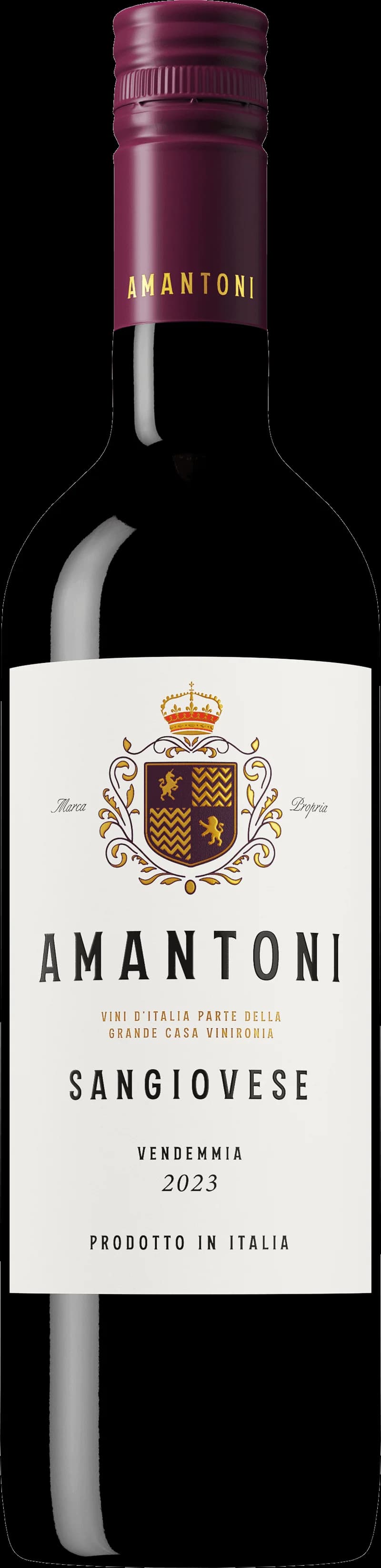Flaska med Amantoni rött vin mot en mörk bakgrund.