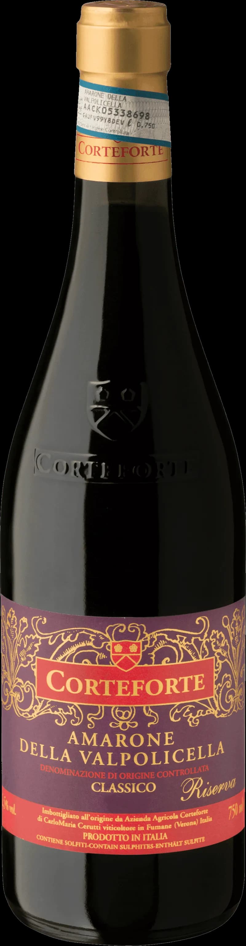 Flaska Amarone Classico Riserva rött vin mot mörk bakgrund