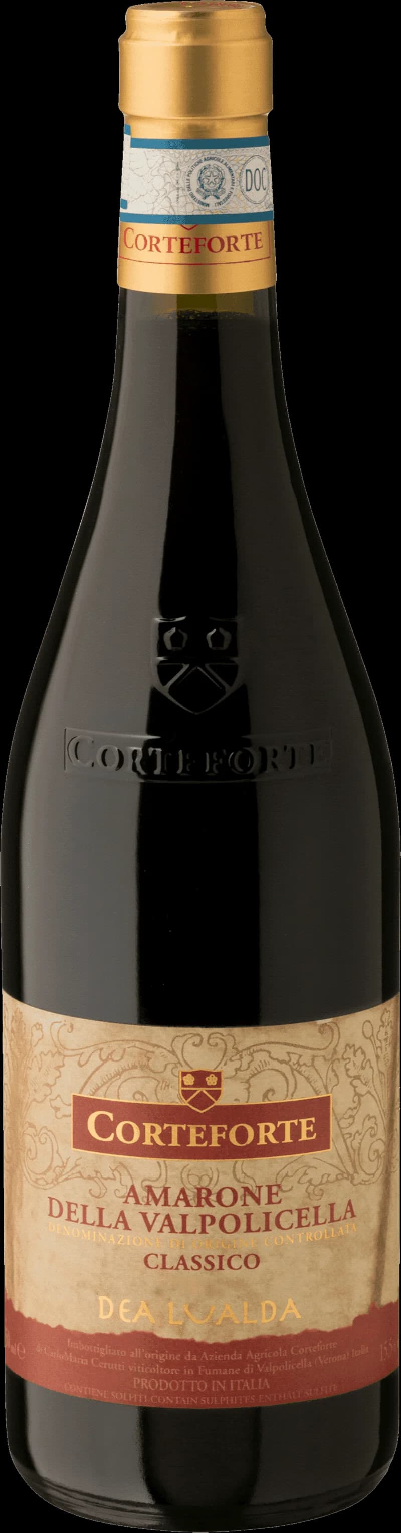 Flaska med Amarone della Valpolicella Classico rött vin mot neutral bakgrund.