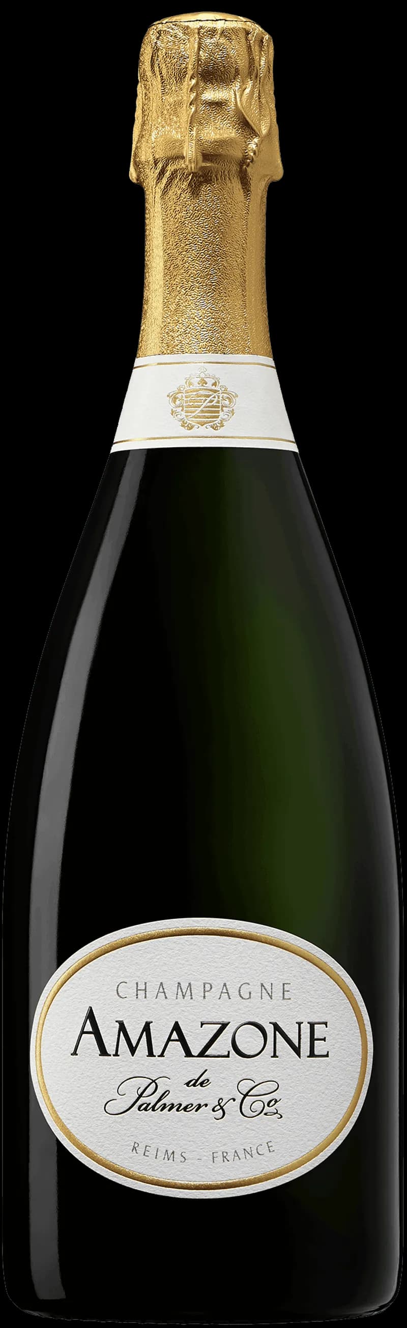 Flaska med Amazone de Palmer mousserande vin mot en mörk bakgrund.