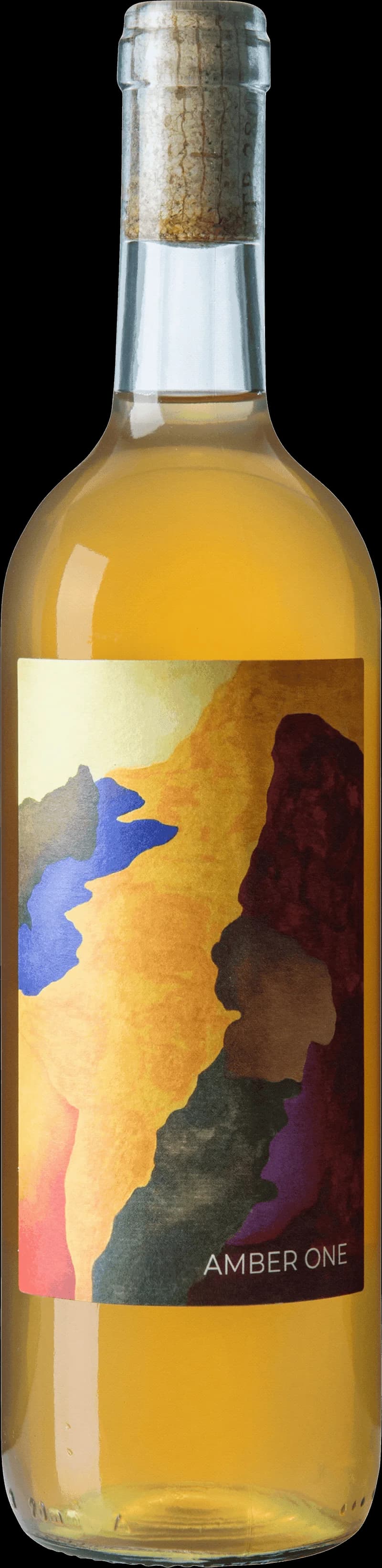 Flaska av Amber One vitt vin mot ljus bakgrund