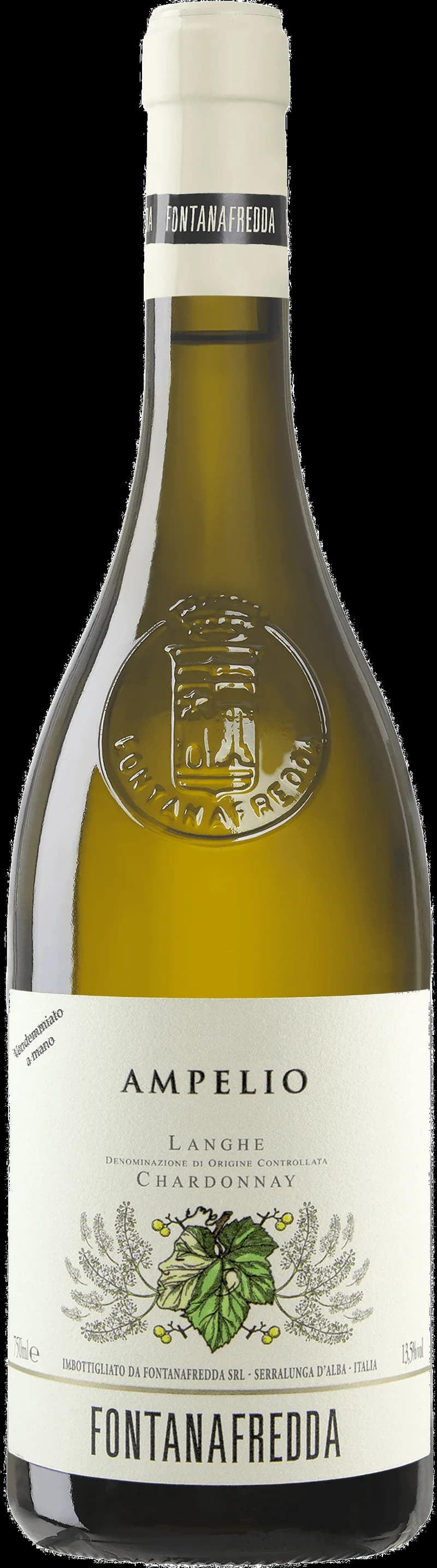 Flaska av Ampelio Langhe Chardonnay vitt vin på vit bakgrund.