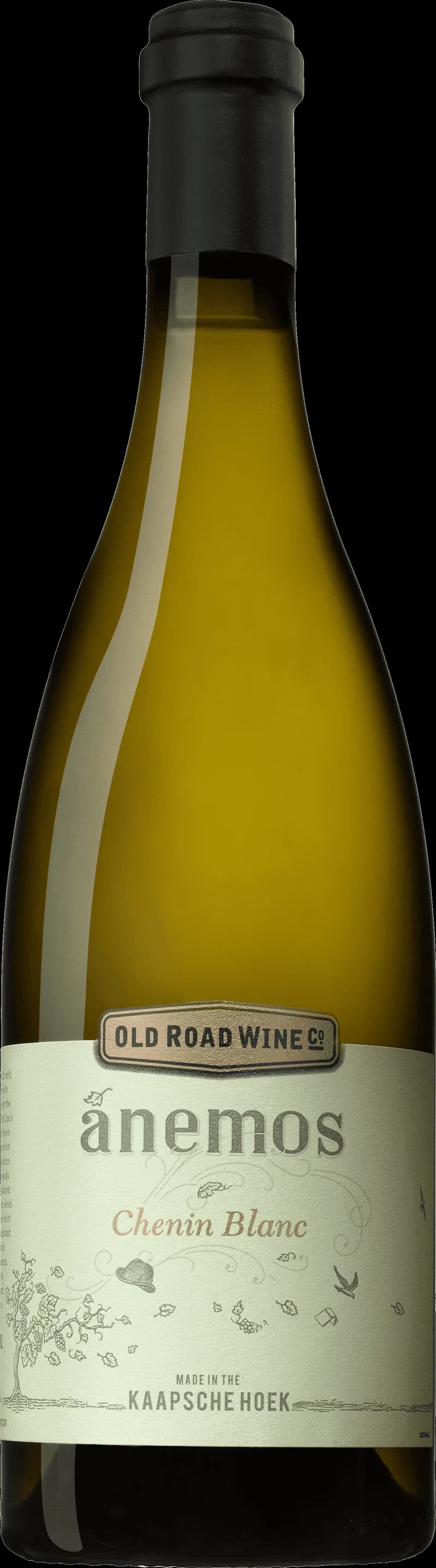 Flaska av vitt vin från Anemos på en ljus bakgrund