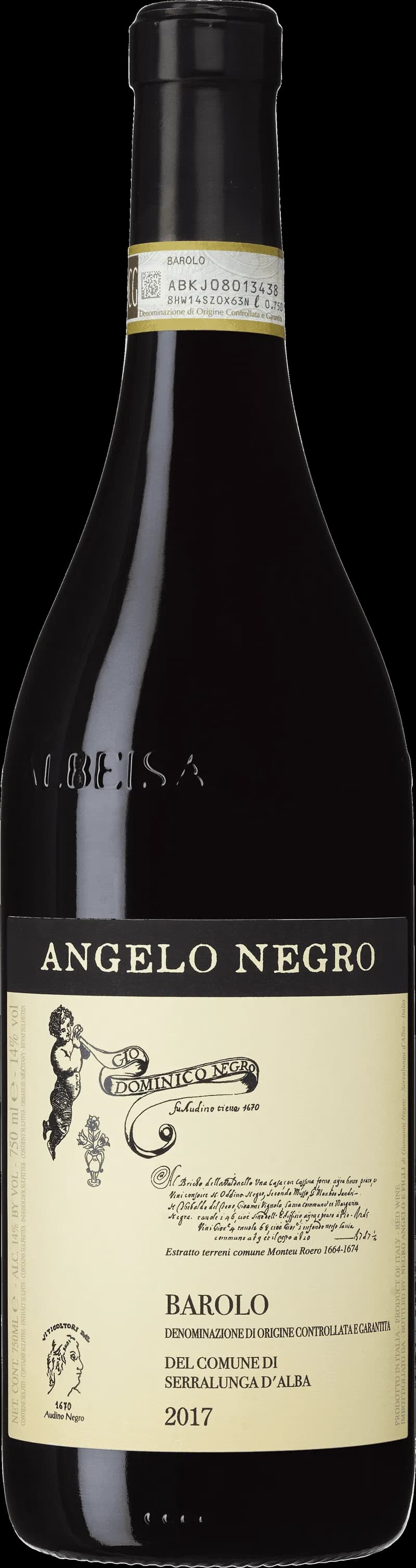 Flaska av Angelo Negro rött vin mot en mörk bakgrund.
