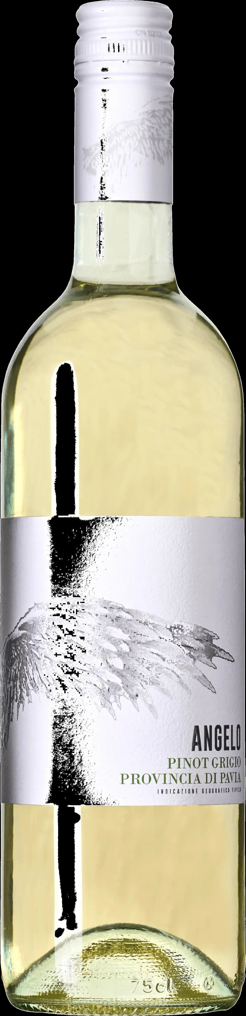 Flaska med Angelo vitt vin på en ljus bakgrund