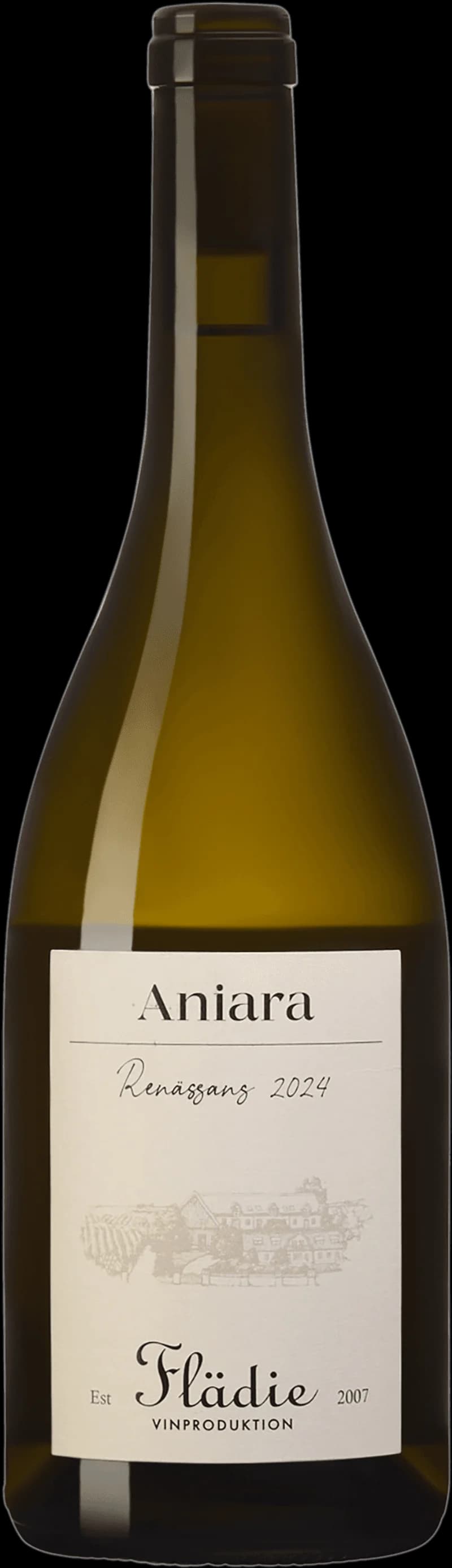 Flaska av Aniara Renässans vitt vin mot ljus bakgrund