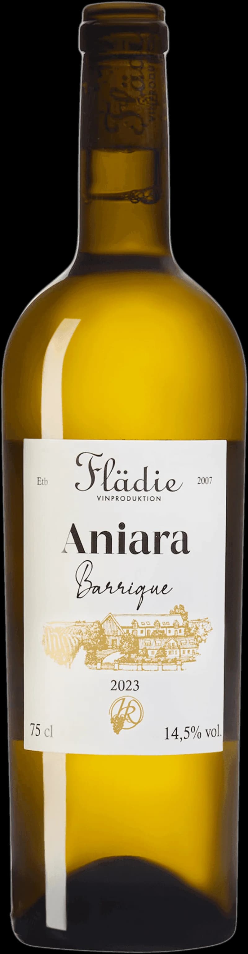 Flaska av Aniara vitt vin mot ljus bakgrund