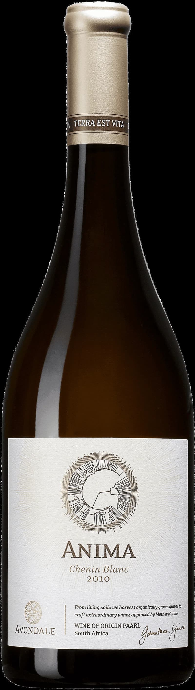 Flaska av Anima vitt vin mot neutral bakgrund.