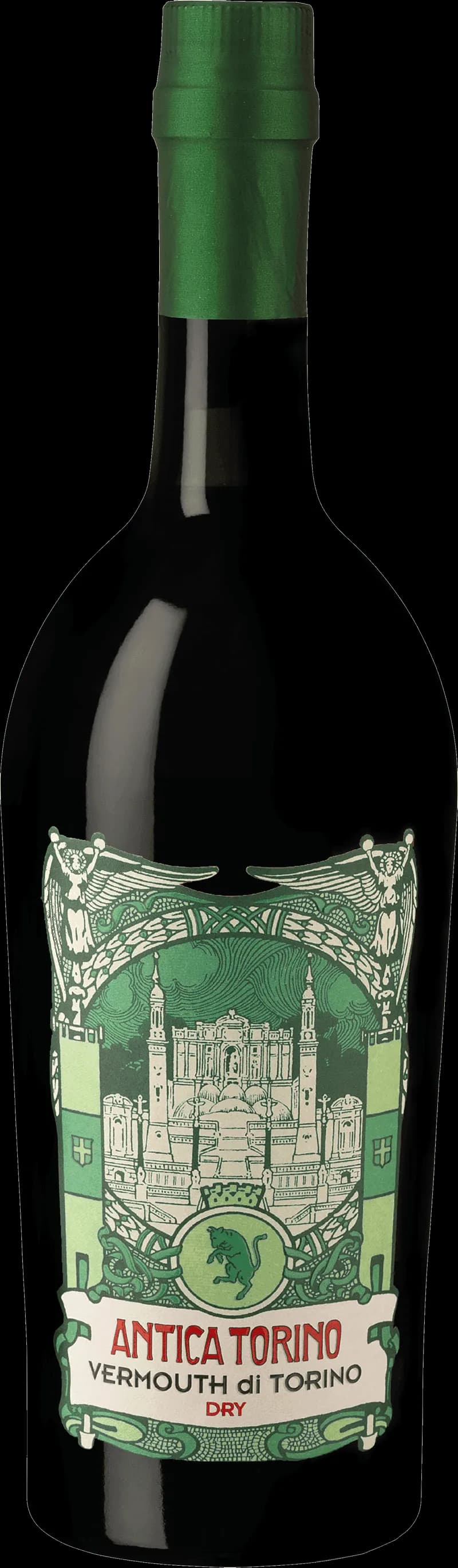 Flaska Antica Torino Vermouth på en barhylla med glas och bartillbehör.