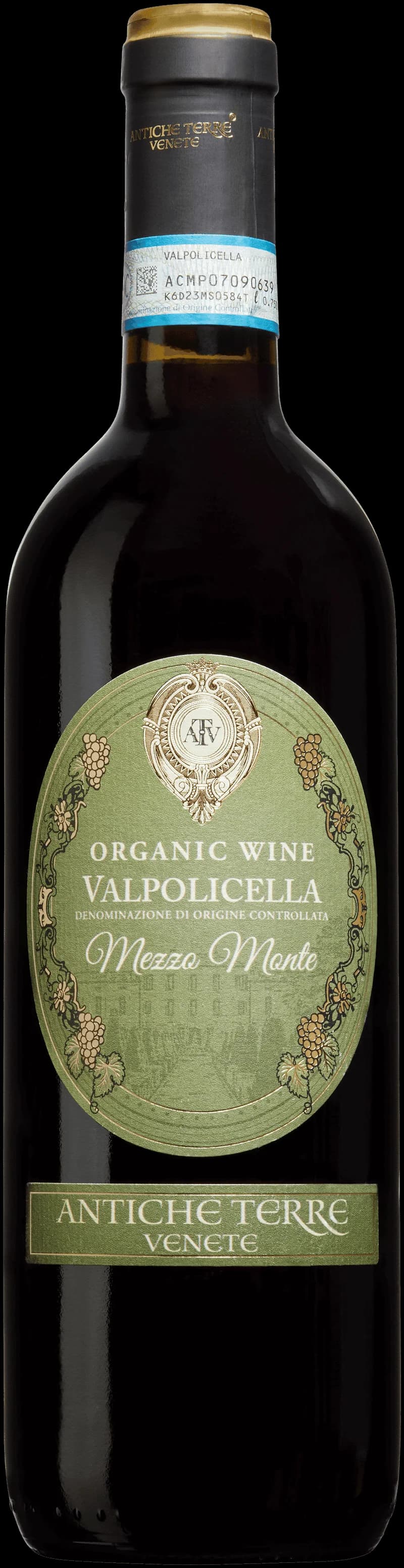 Flaska av rött vin från Antiche Terre Venete på en bordsservering.