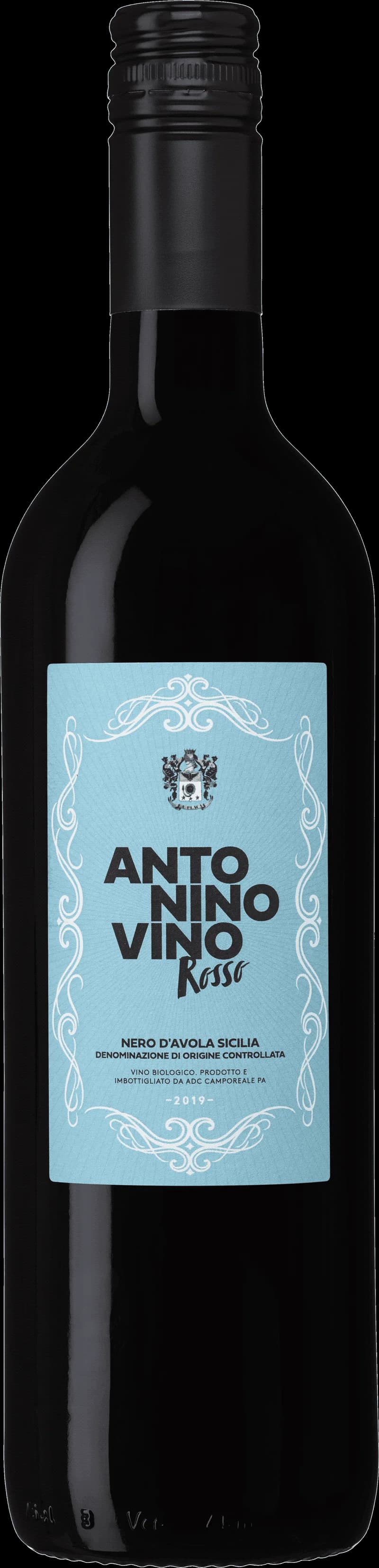 Flaska med rött vin från Antonino Vino på en bordsservering.