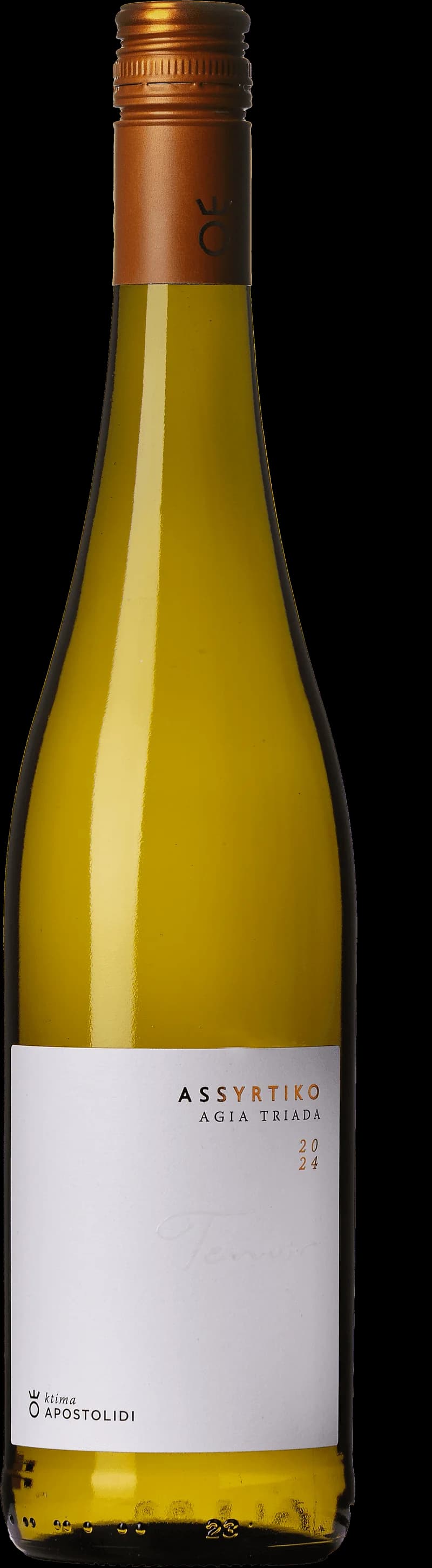 Flaska av Apostolidi vitt vin mot ljus bakgrund.
