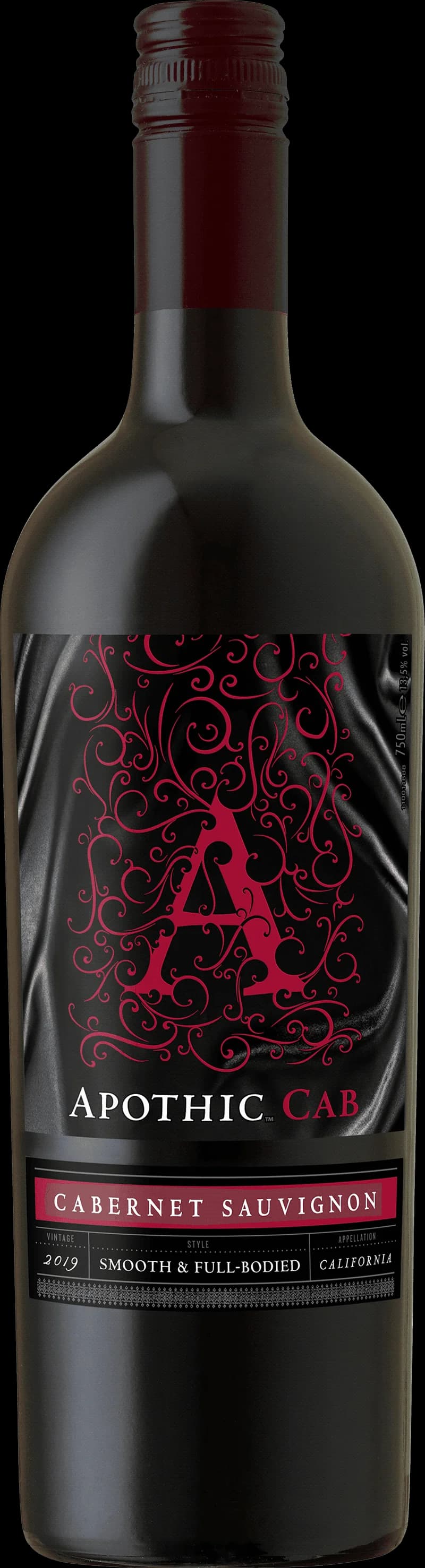 Flaska av rött vin Apothic Cabernet Sauvignon mot ljus bakgrund