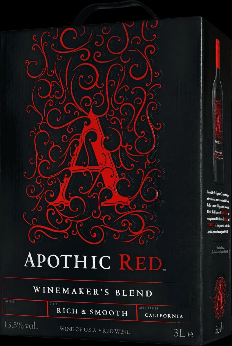 Flaska av rött vin Apothic Red på en mörk bakgrund