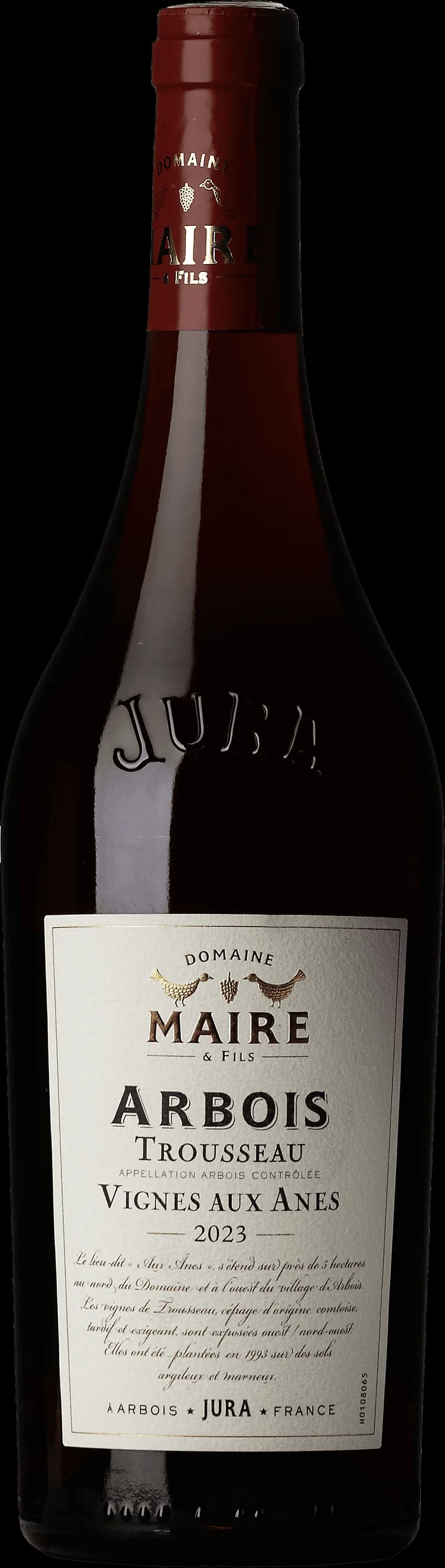 Flaska Arbois Trousseau Vignes aux Nes rött vin från Jura, Frankrike.