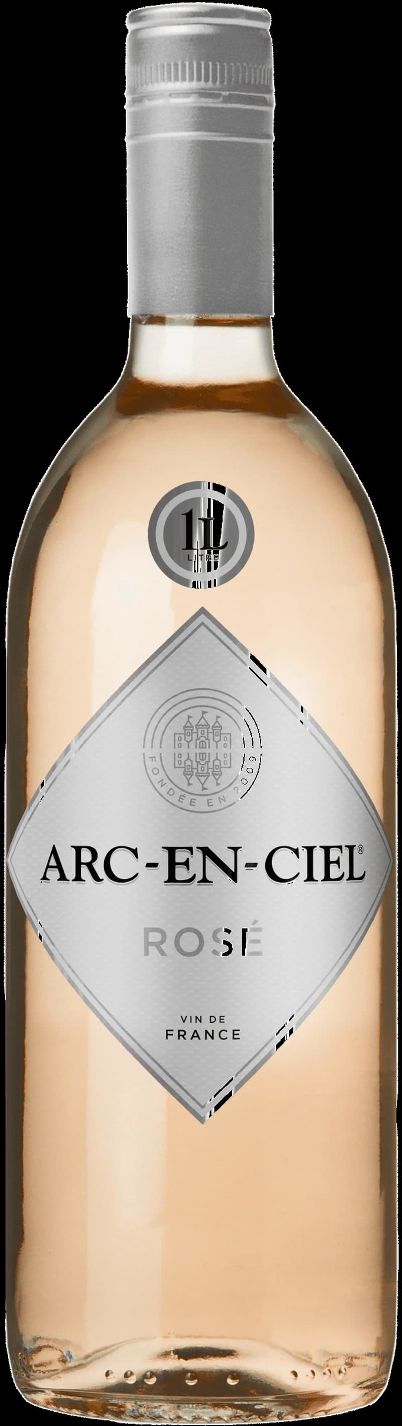 Flaska Arc en Ciel rosévin mot regnbågsbakgrund