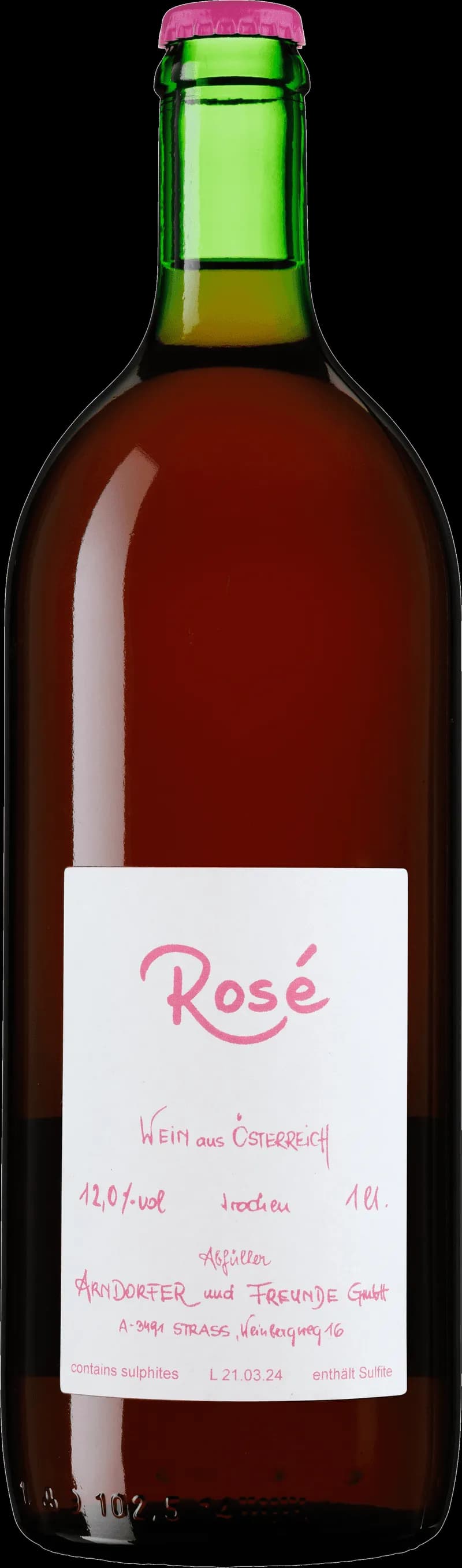 Flaska med Arndorfer rosévin mot ljus bakgrund.