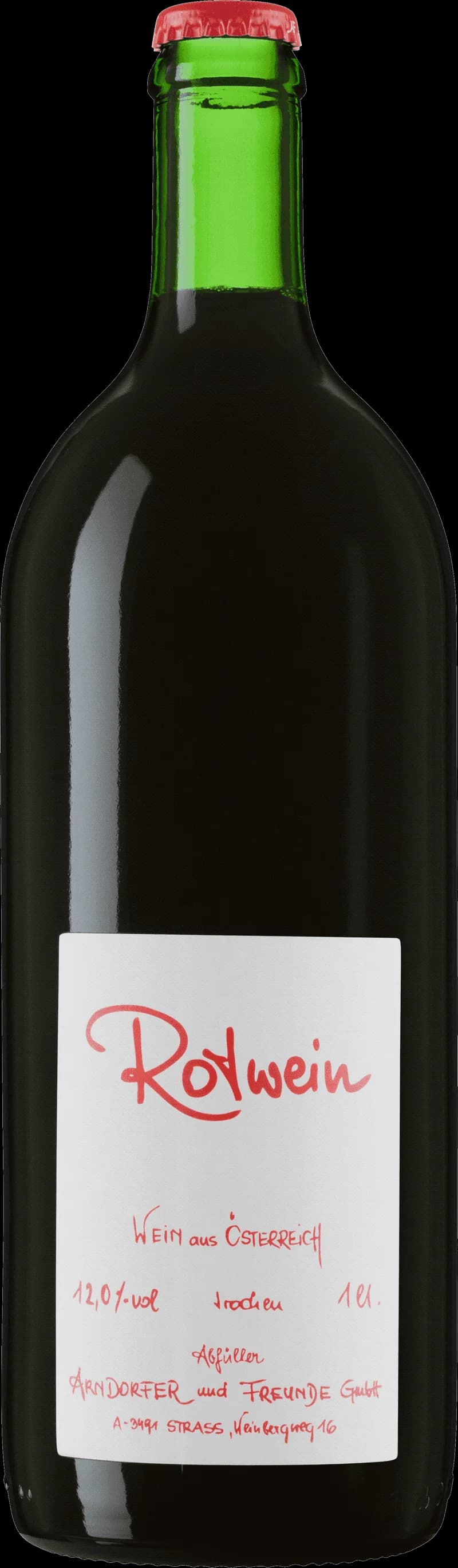 Flaska med Arndorfer rött vin på en bordsservering.