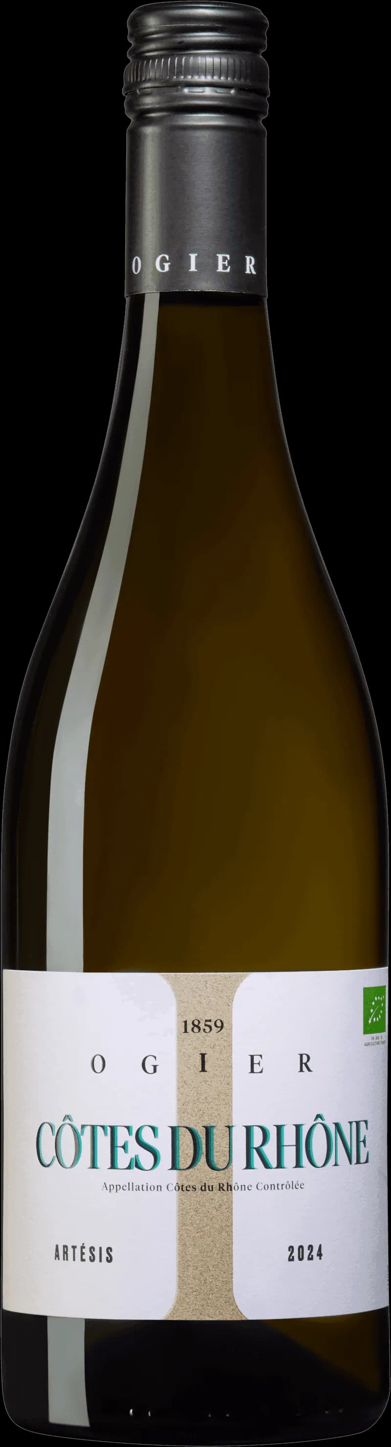 Flaska av Artesis vitt vin mot ljus bakgrund