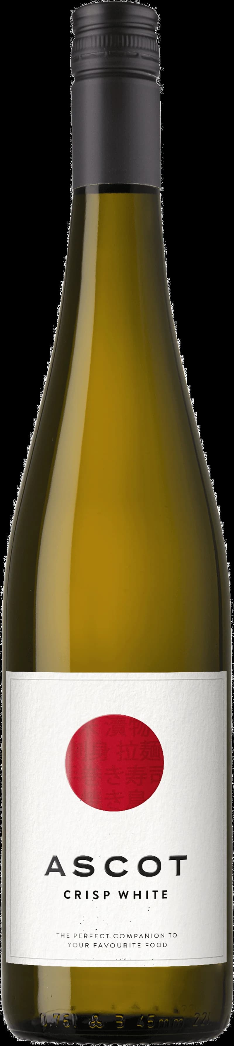 Flaska med vitt vin från Ascot på en vit bakgrund.