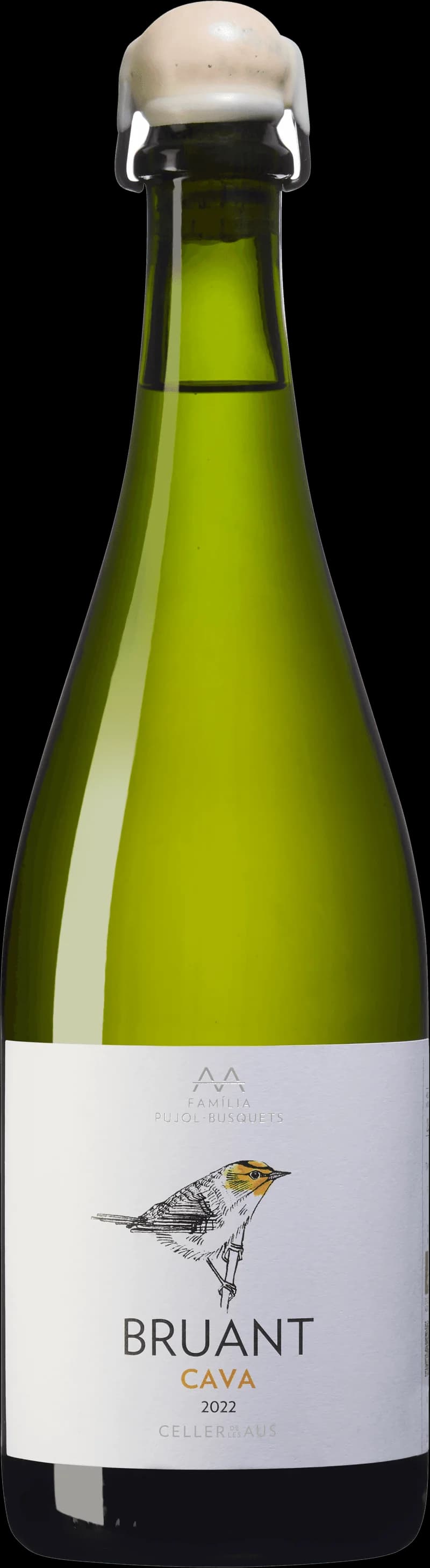 Flaska av Aus Aa Bruant Brut Nature mousserande vin mot ljus bakgrund.