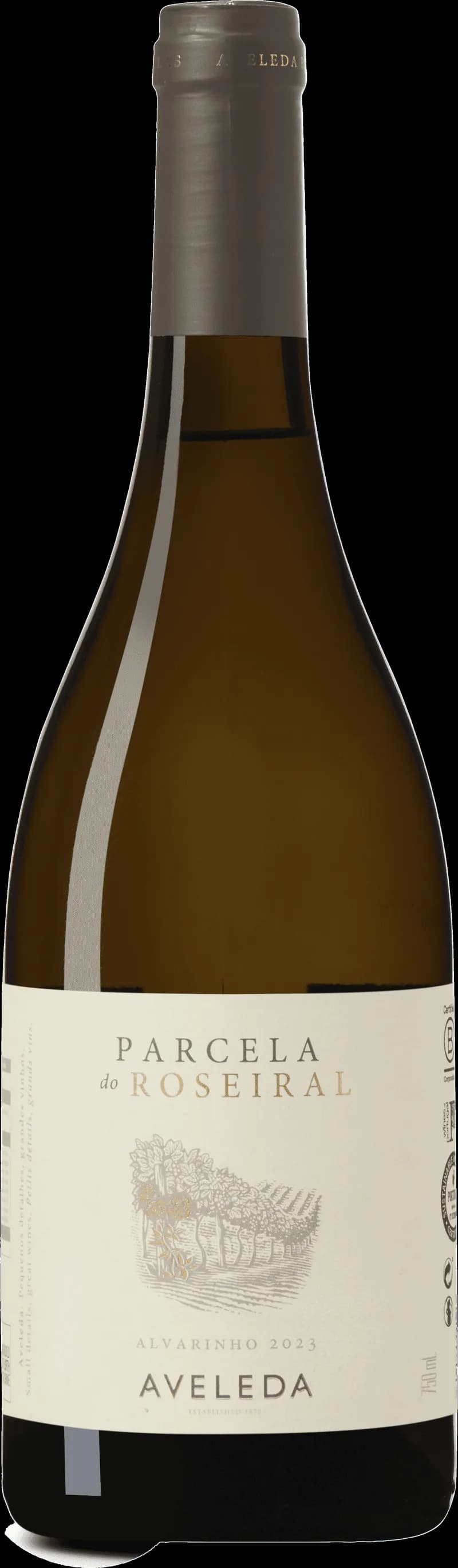 Flaska och glas med Aveleda vitt vin på en ljus bakgrund.