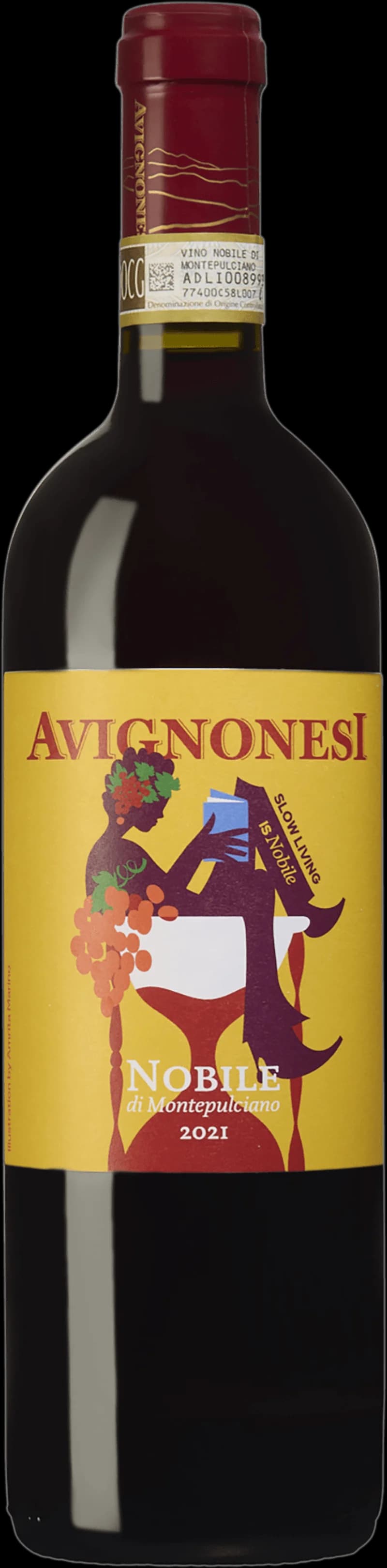 Flaska av Avignonesi rött vin mot neutral bakgrund