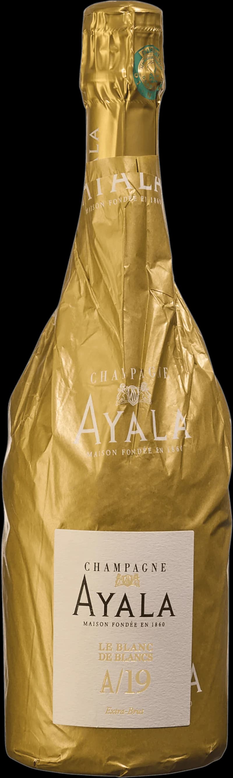 Flaska med Ayala mousserande vin mot neutral bakgrund.