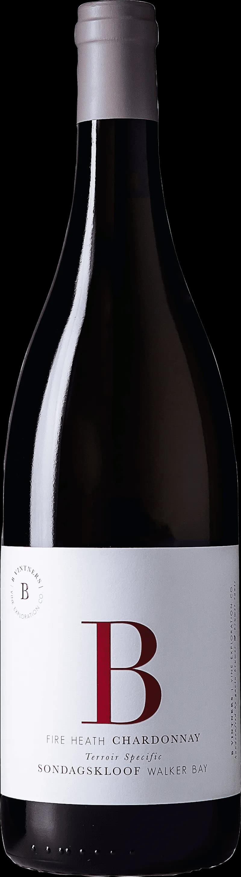 Flaska av B Vintners Fire Heath vitt vin mot en ljus bakgrund.