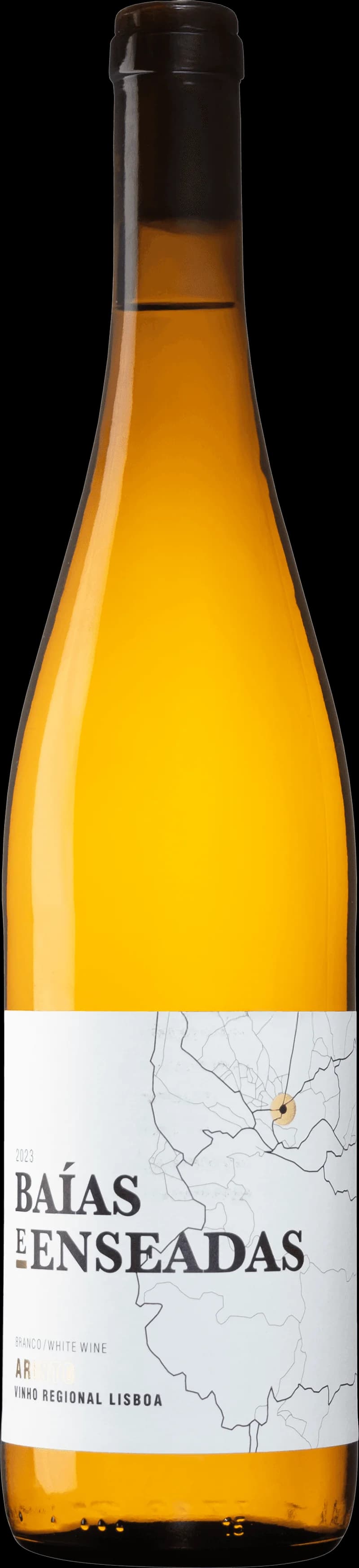 Flaska av vitt vin från Baías e Enseadas på en bordsservering.