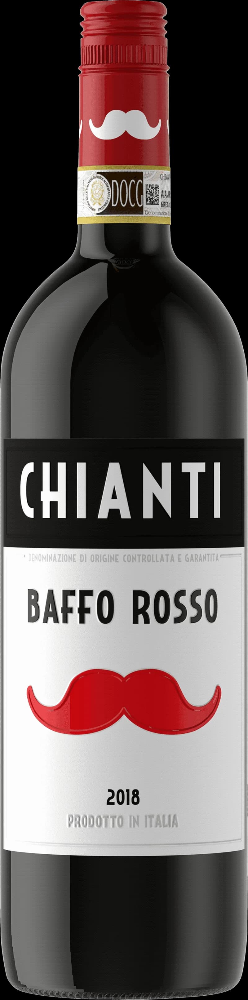 Baffo Rosso rött vin i en flaska med etikett.