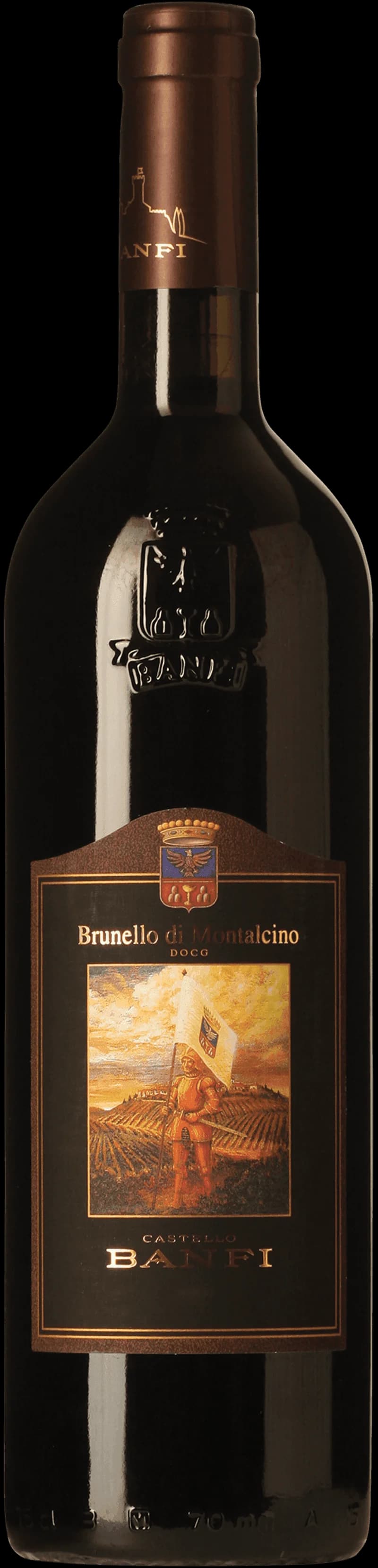 Flaska med Banfi rött vin mot en neutral bakgrund.