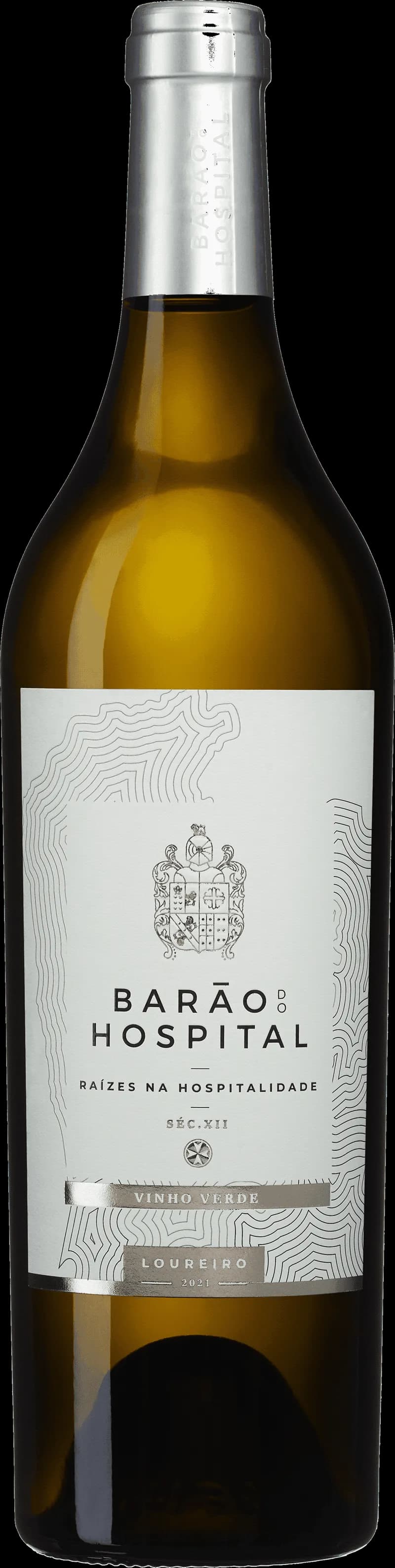 Flaska av Barão do Hospital Loureiro Vinho Verde, ett vitt vin från Portugal.