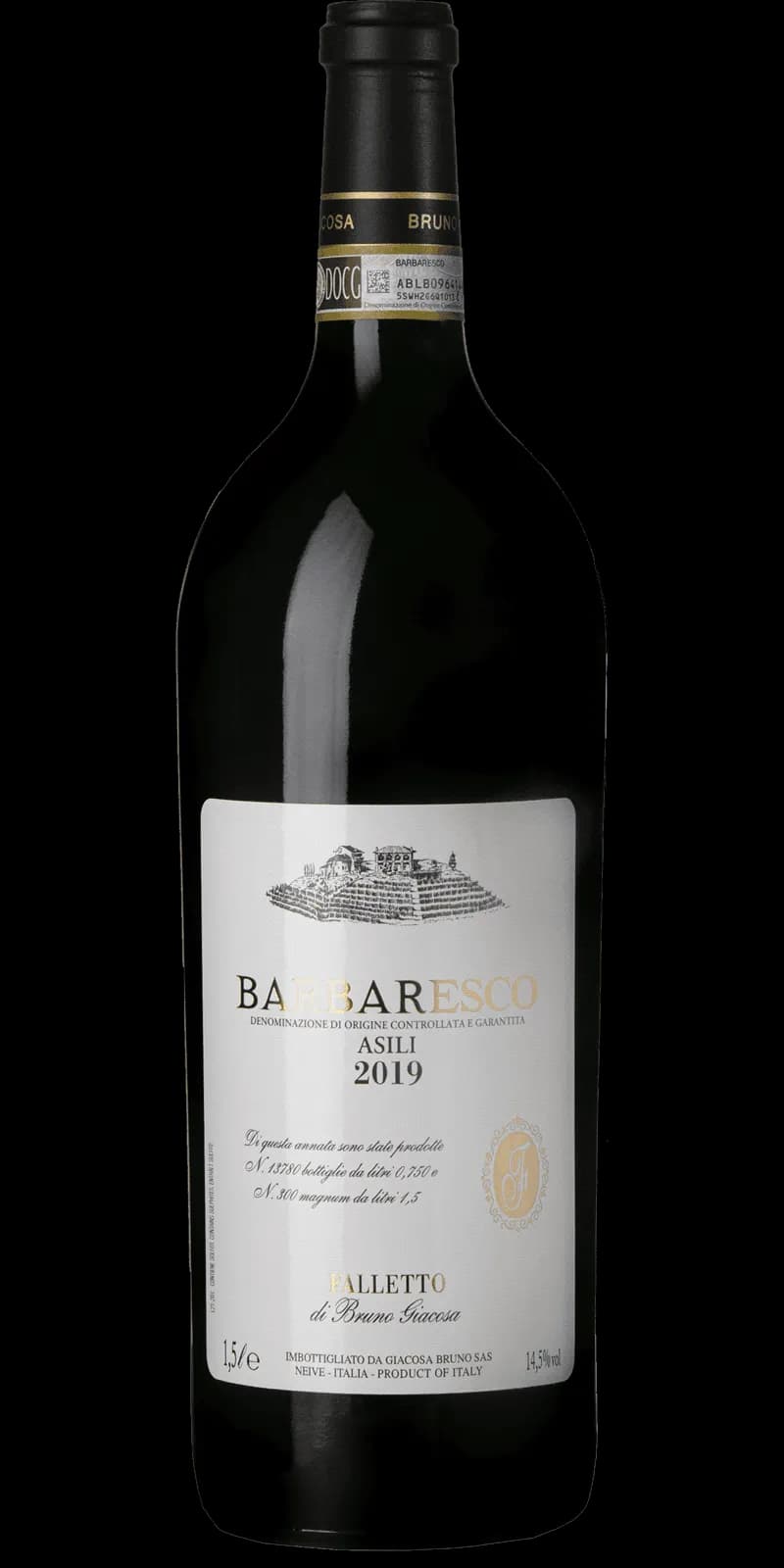 Flaska Barbaresco Asili rött vin mot neutral bakgrund